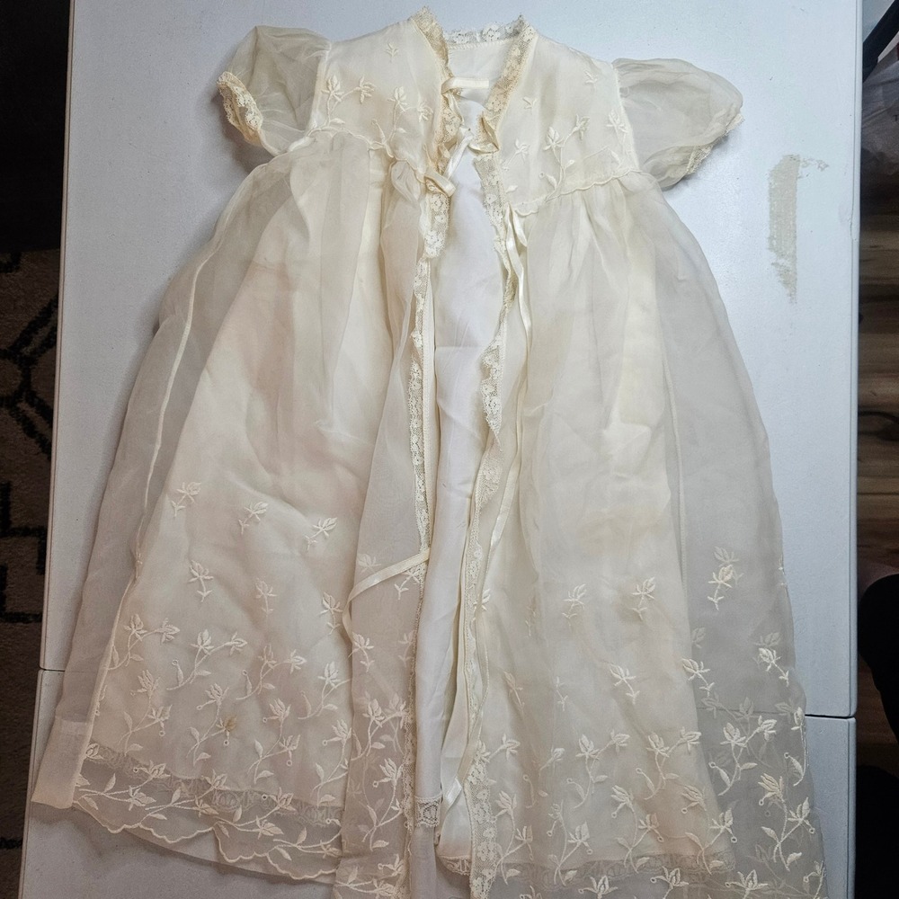 Vintage Ivory Christening Over Jacket Floral Embroidery Lace Trim Heirloom